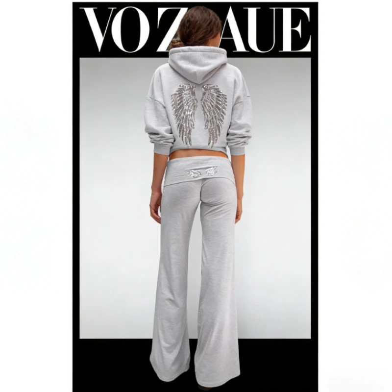 

2026 Retro Women's Hooded Sweatshirt Trousers Solid Color Street Shiny Wings Print Long Sleeve Zipper Casual Sweatshirt