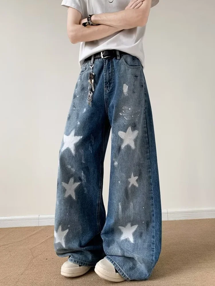 2025 Ropa Y2K Streetwear Stern Gedruckt Gewaschen Blau Baggy Jeans Hosen Für Männer Kleidung Breite Bein Vintage Denim Hosen Moda Hombre – Detail 10