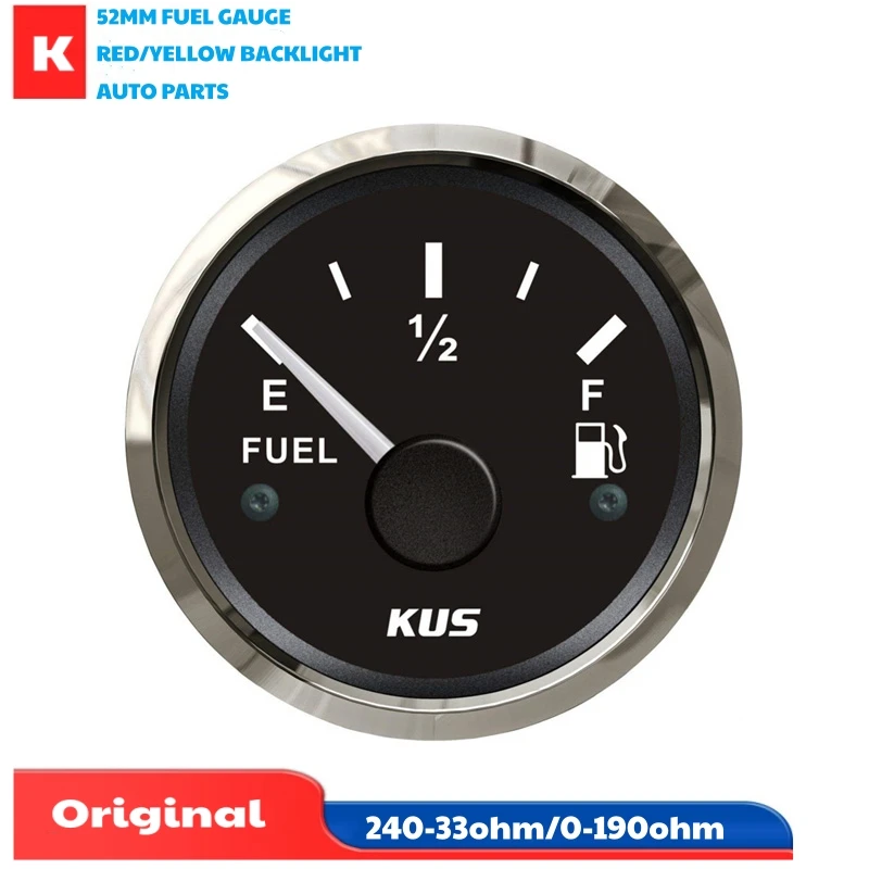 Image of Kus 52mm Zeiger Kraftstoff anzeige 0-190Ohm E-1/2-f Anzeige Kraftstoffs tand messer schwarzes Instrument 240-33Ohm mit roter oder gelber Hintergrund beleuchtung