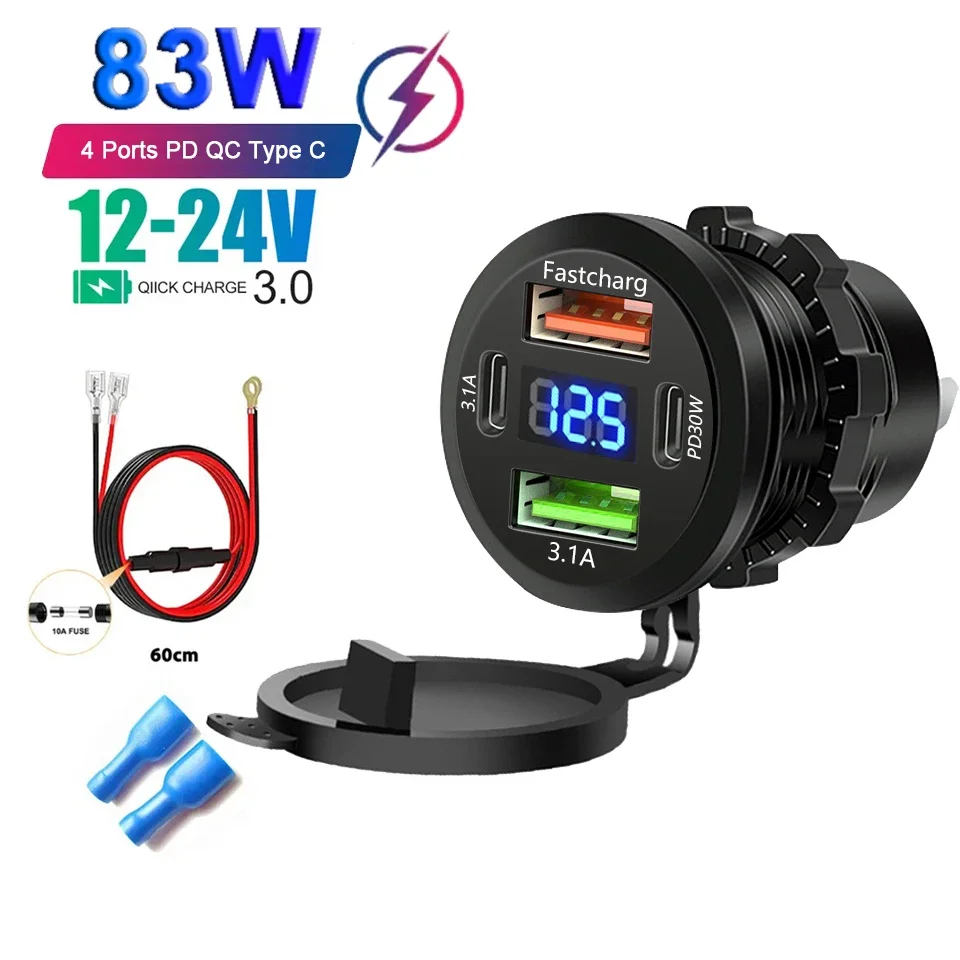 Multi-Port-Autoladegerät PD QC3.0 USB-Ladebuchse mit digitalem Voltmeter 12V/24V für Motorrad, Auto, Boot, Marine, LKW, Bus