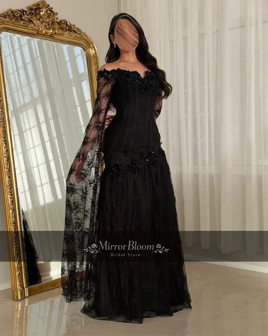 

Customized Elegant Black Off Shoulder Muslim Evening A Line Dress Women Lace Beaded Formal Prom Luxury Wedding Guest Gown