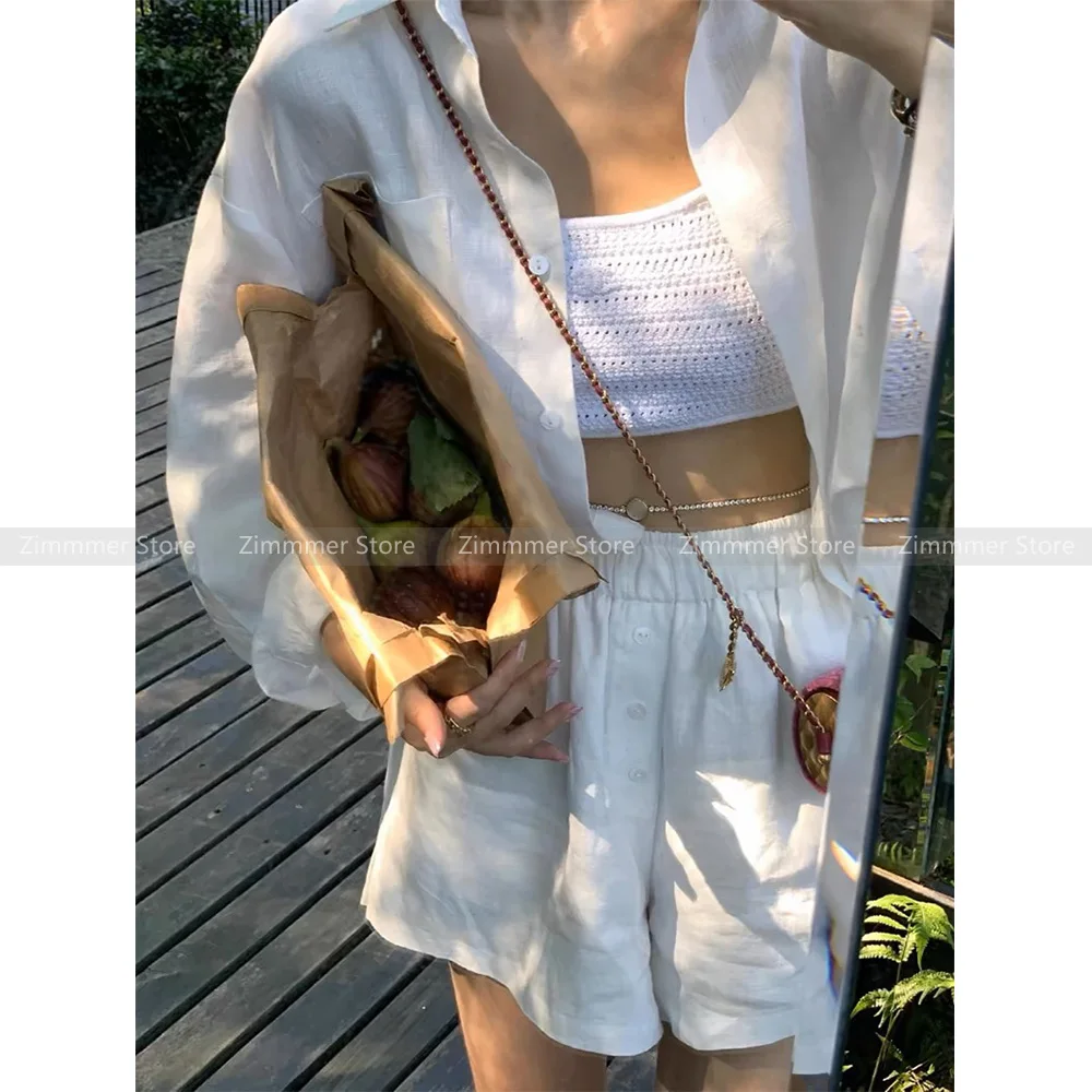 

Minimalist Commuter Solid Color Lightweight Sunscreen Linen Long Sleeve Shirt + Elastic Waist Casual Shorts Set