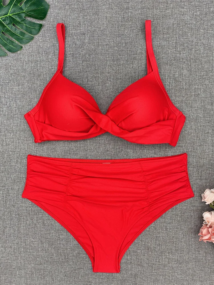 Imagem -06 - Conjunto de Biquíni de Cintura Alta Feminino Maiô Push up Acolchoado Moda Praia Feminina Monocromático Sexy 2023