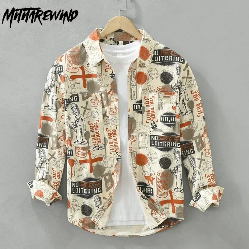 

Japanese Fashion Men Long Sleeve Printed Shirt Spring Summer Streetwear Graffiti Shirt Lapel Casual 100% Cotton Tops Funny Shirt