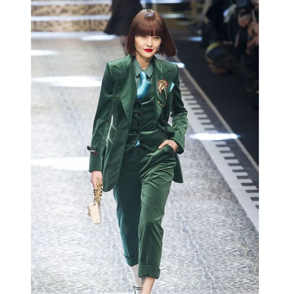 Luxury Green Velvet Winter Clothes for Women 3 Pieces Jacket Pants Vest Female Suits Formal Office Banquet Lady's Blazers Sets