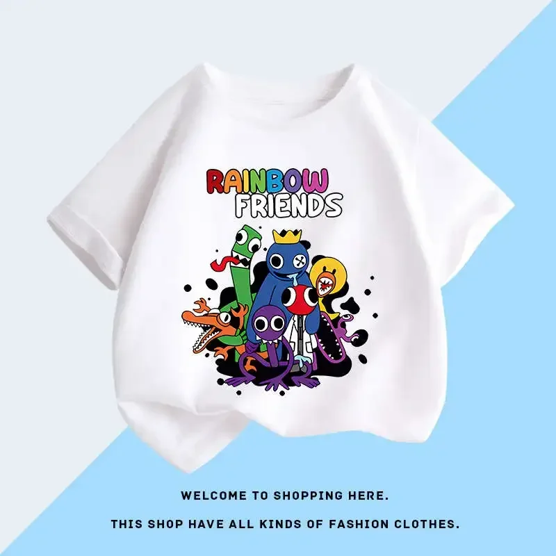 

Футболка Rainbow Friends для детей 3-14 лет, футболка из 100% хлопка, летняя повседневная модная футболка с круглым вырезом для родителей и детей с героями мультфильмов