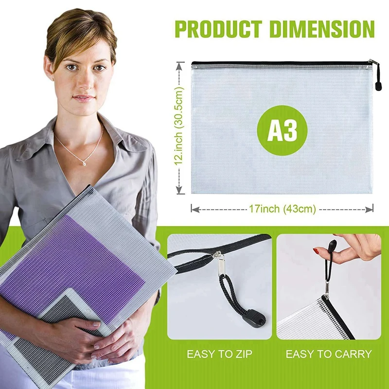 60PCS A3 Folder, Information Zipper Bag Plastic Wallet Mesh File Bag Zipper Bag Zipper Wallet