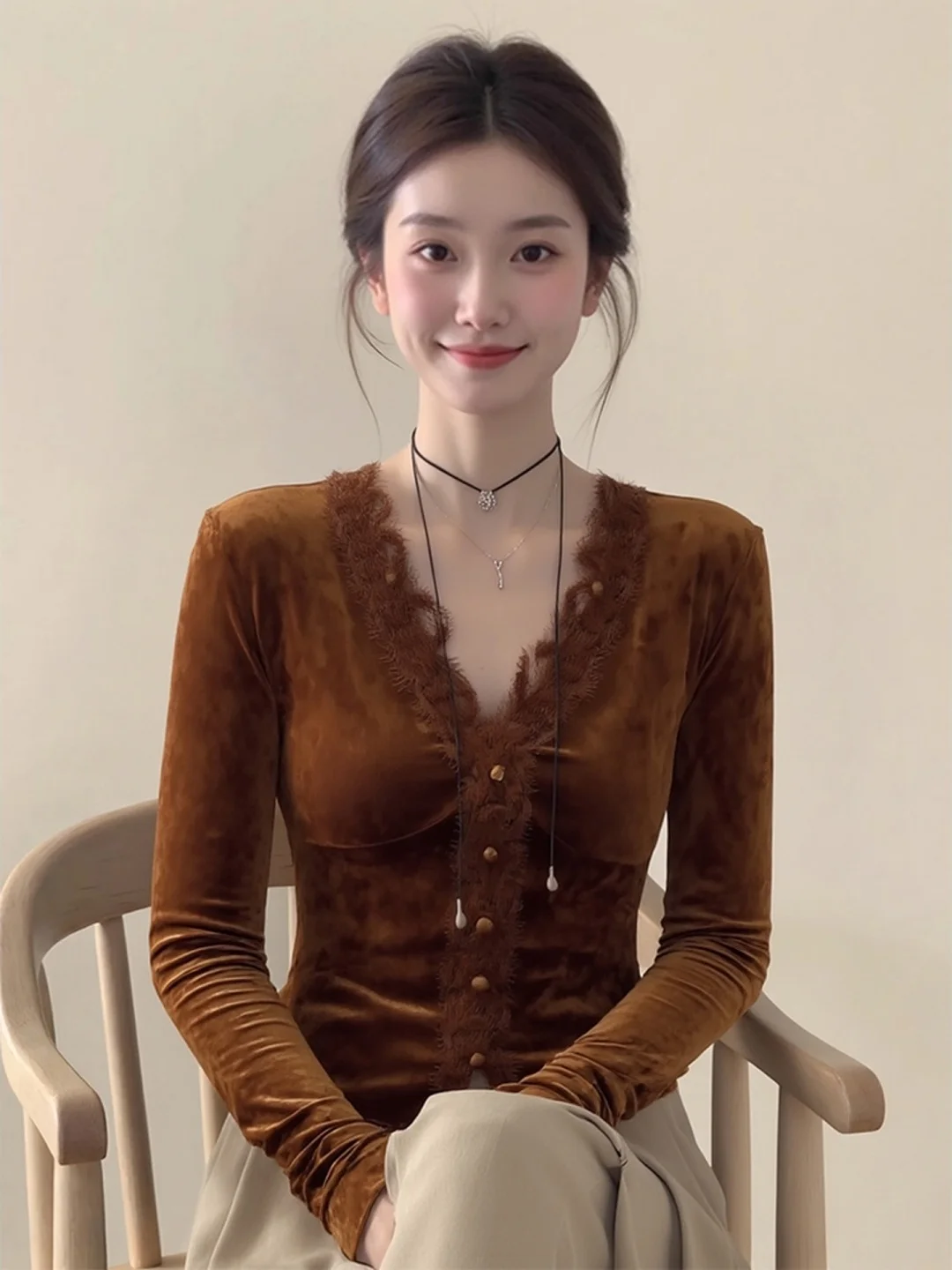 Koreaanse Sle Velvet irt dames herfst winter V-Ne kanten rand innerlijke slijtage faionable lichtgewicht luxe gevoel lang Sve B...