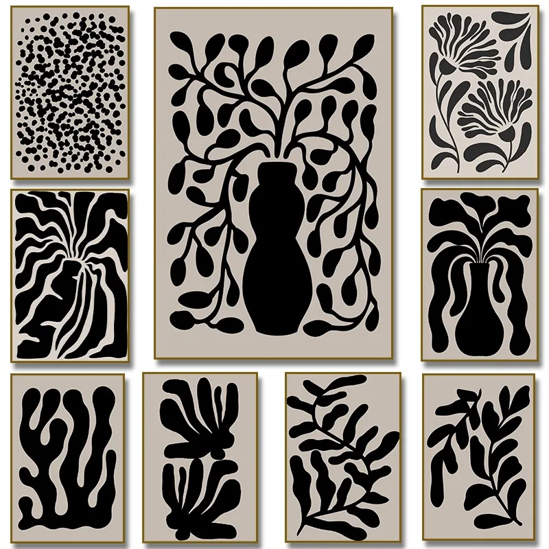 Abstract Botanical Leaves Poster Canvas Painting Print Black Beige Modern Olive Tree Mid Century Boho Room Home Decoration