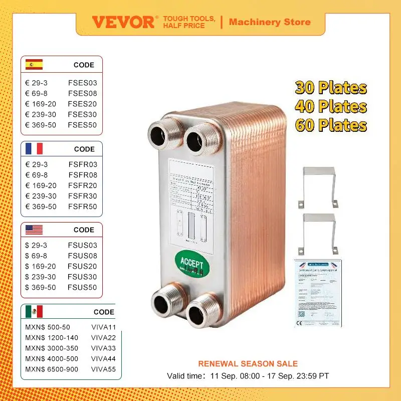 VEVOR 30 40 60 Plates Heat Exchanger Wort Chiller Stainless Steel Homebrew Brewing Beer Cooler Counterflow Chiller Water Heating