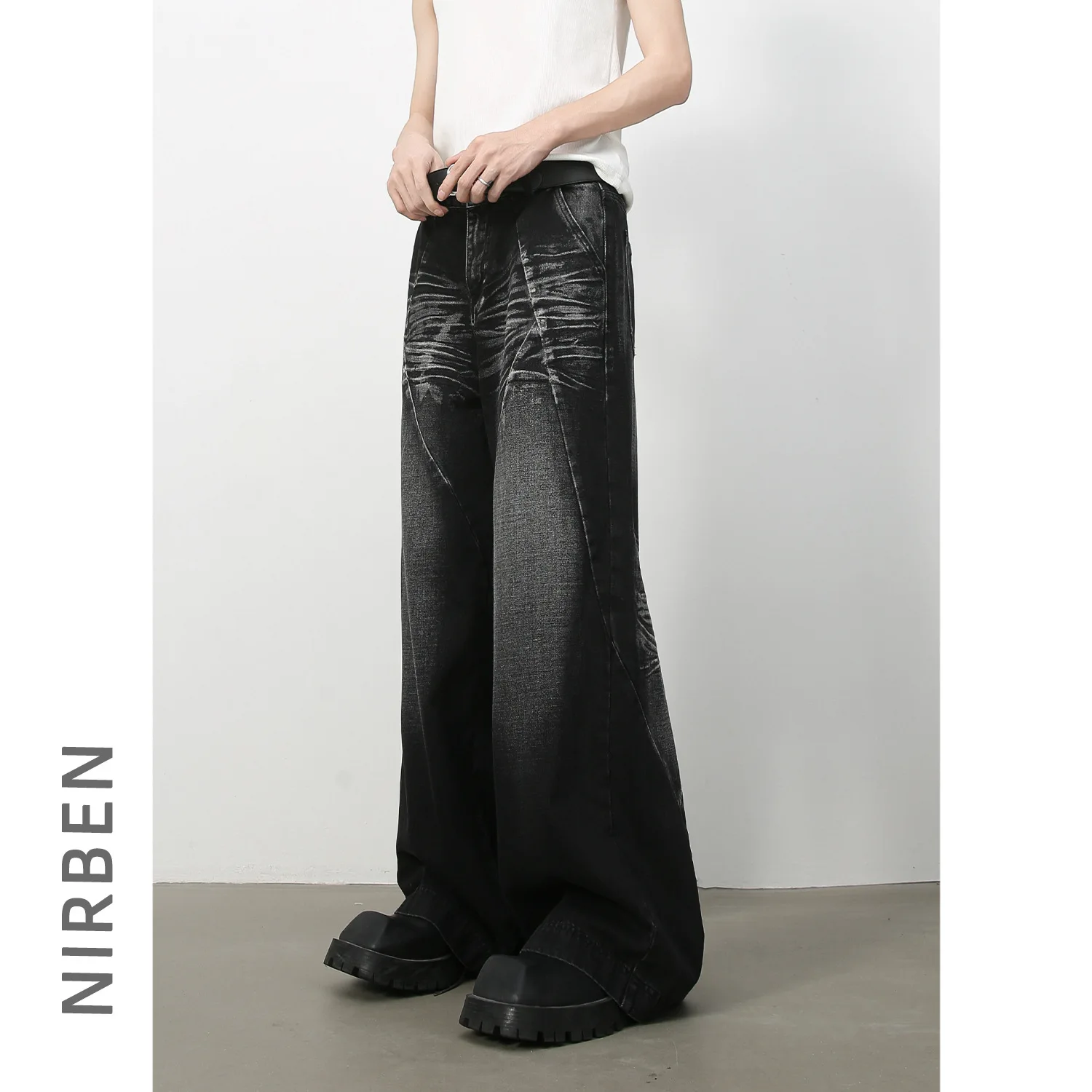 Denim, American High Street Washed Three-dimensional Tailoring Splicing Jeans Men's Loose Straight Wide-leg Trousers