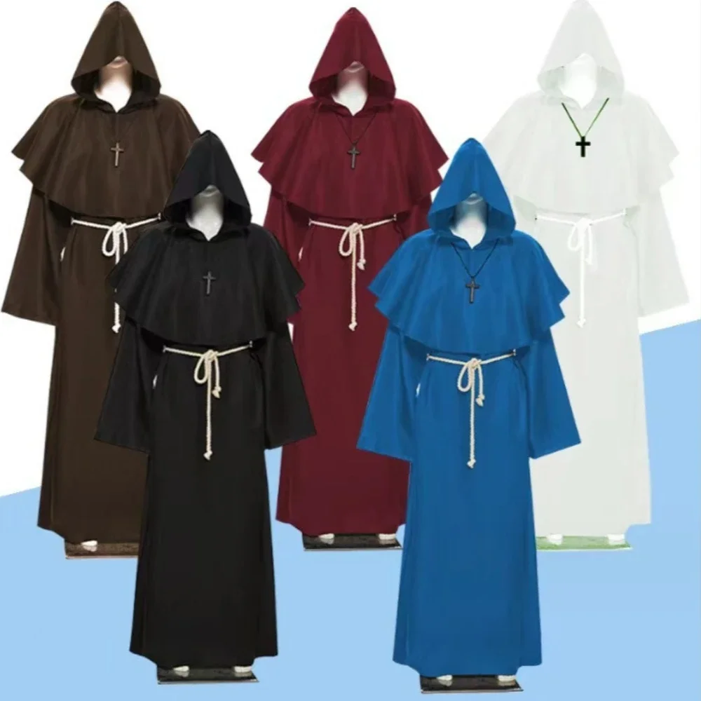 Vintage Medieval Hooded Monk Priest Wizard Robe Adult Loose Stage Outfit For Theme Masquerade Carnival Party Halloween Cosplay