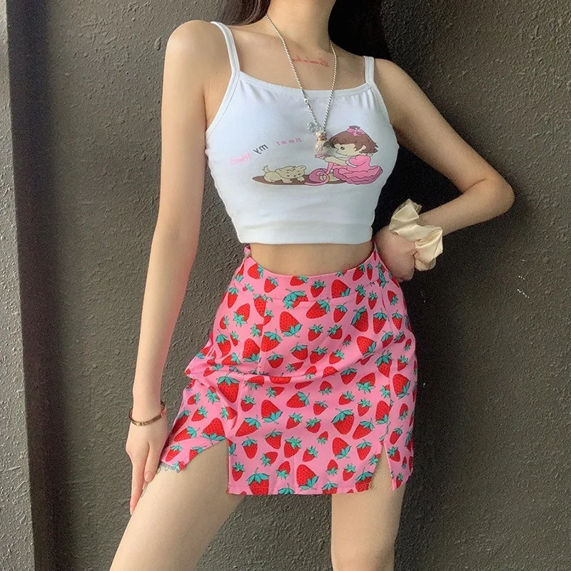 Women Cottagecore High Waist Strawberry Skirt Summer 2022 Female Fashion Slim Fit Tight Pink Chic Skirt Sexy Split Mini Skirts