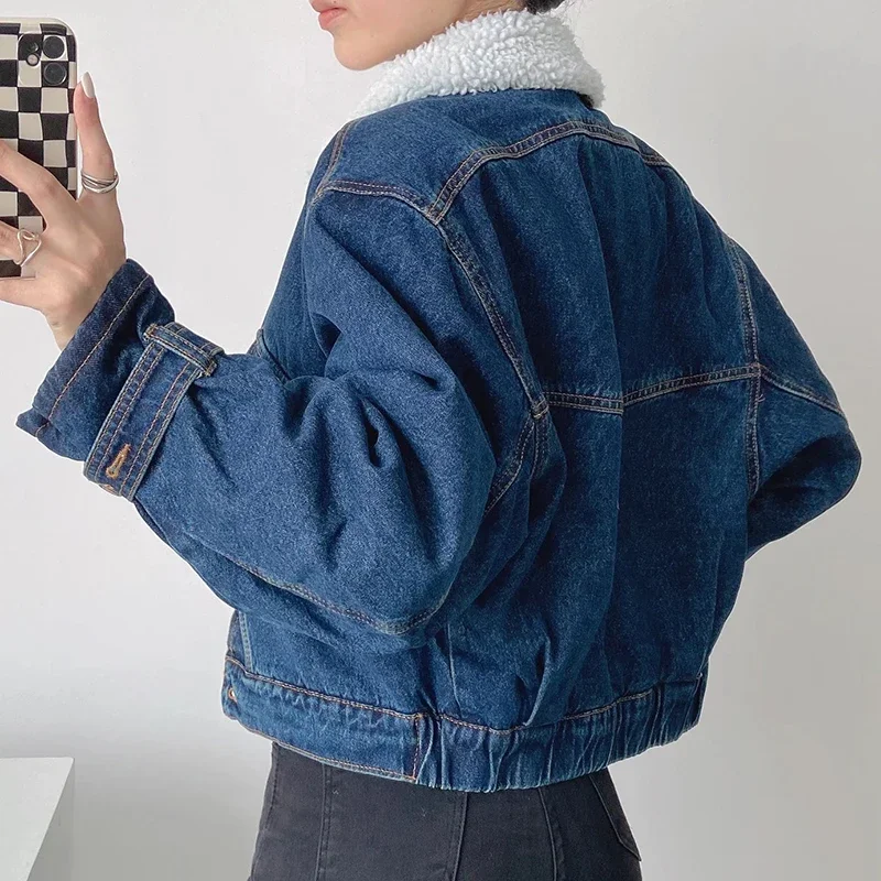 Vintage Imitation Lambs wool Denim Jacket Women Solid Simple Casual Warm Fur Collar Winter Fleece Coats Outerwear Veste Femme