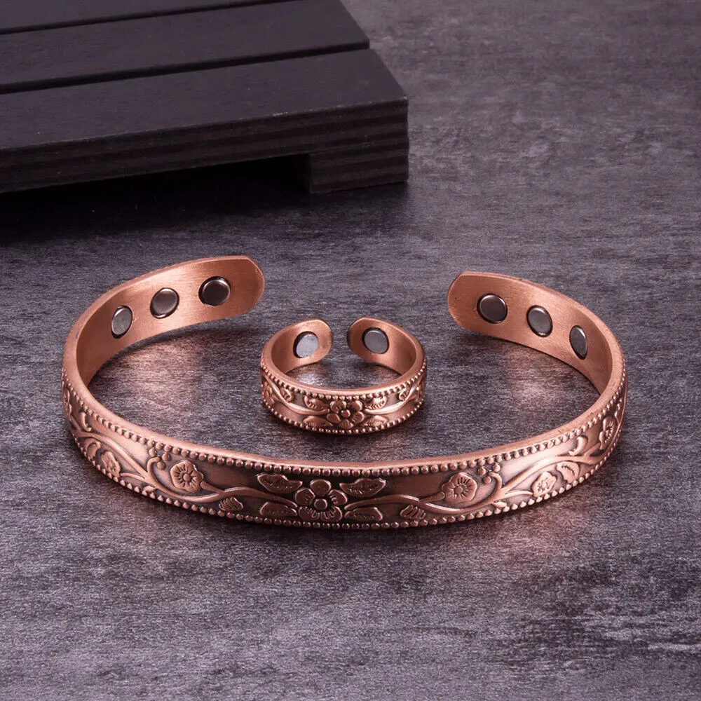 Ring Alloy Jewelry Adjustable Bracelet Vintage Flower Popular Copper Magnetic Arthritis Pain Relief Bangle Healing Therapy Gift