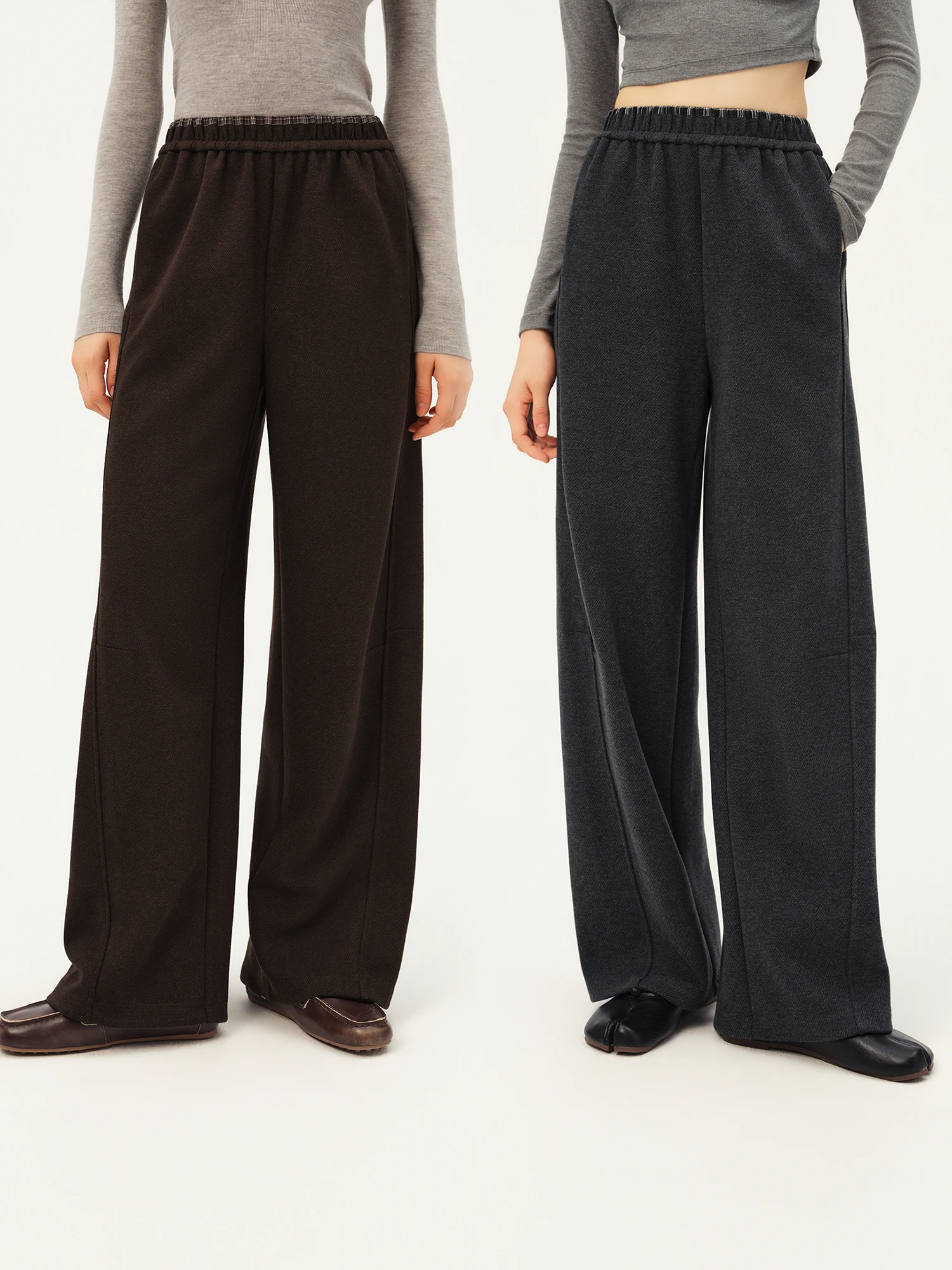 ZIQIAO Damen-Hose aus Wollmischgewebe mit geradem Bein, kariertem Bund, hoher Taille, lässige Hose, warm, für Büro, Pendeln und Streetwear – Detail 4