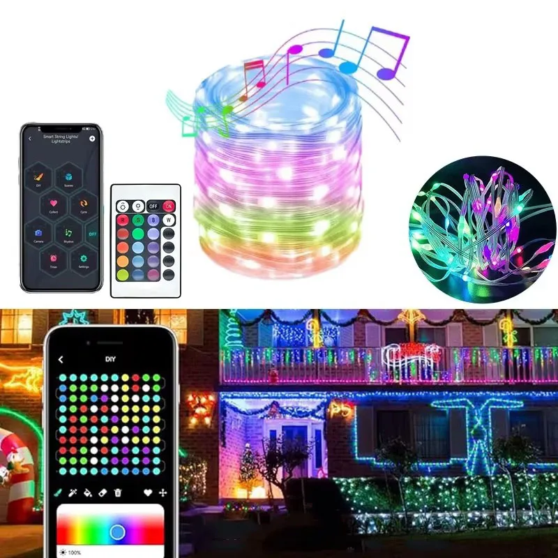 Guirnalda de luces LED RGB WS2812B para decoración navideña, lámpara de música impermeable con Bluetooth, Control remoto por USB, fiesta al aire libre