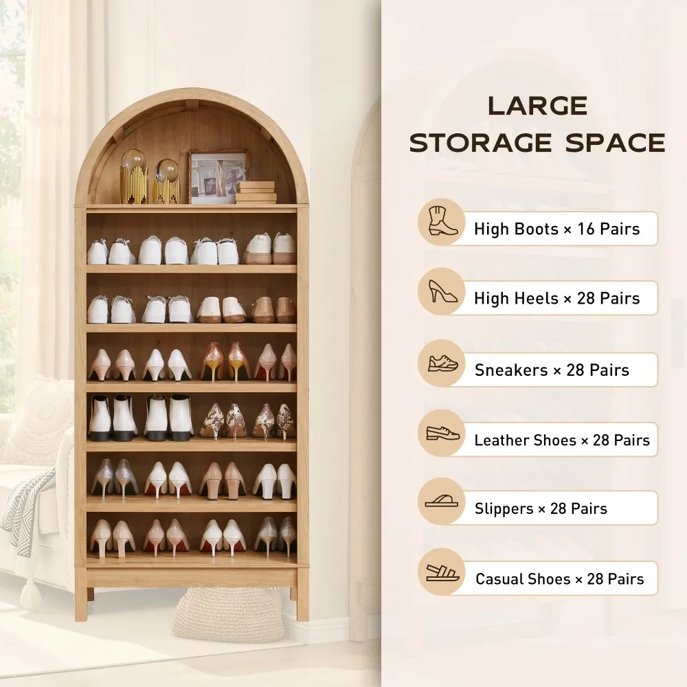 Tall Arched Bookshelf, 7-Tier Open Shelf Bookcase, Medium Density Fiberboard