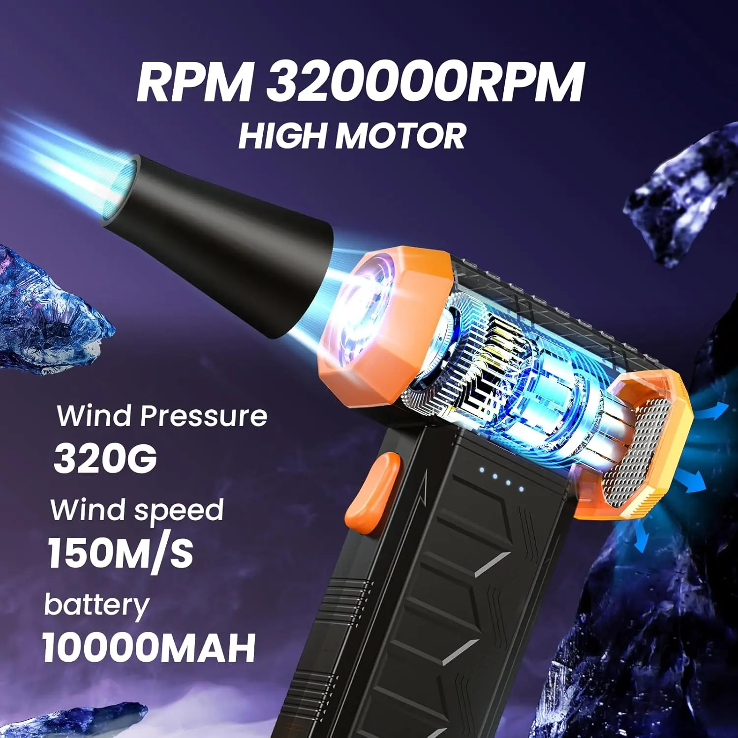 منفضة هواء كهربائية 320,000 دورة في الدقيقة منفاخ هواء مضغوط بقدرة 7600 مللي أمبير في الساعة قابل لإعادة الشحن، لوحة مفاتيح LED 3 سرعات للكمبيوتر/منفاخ تنظيف