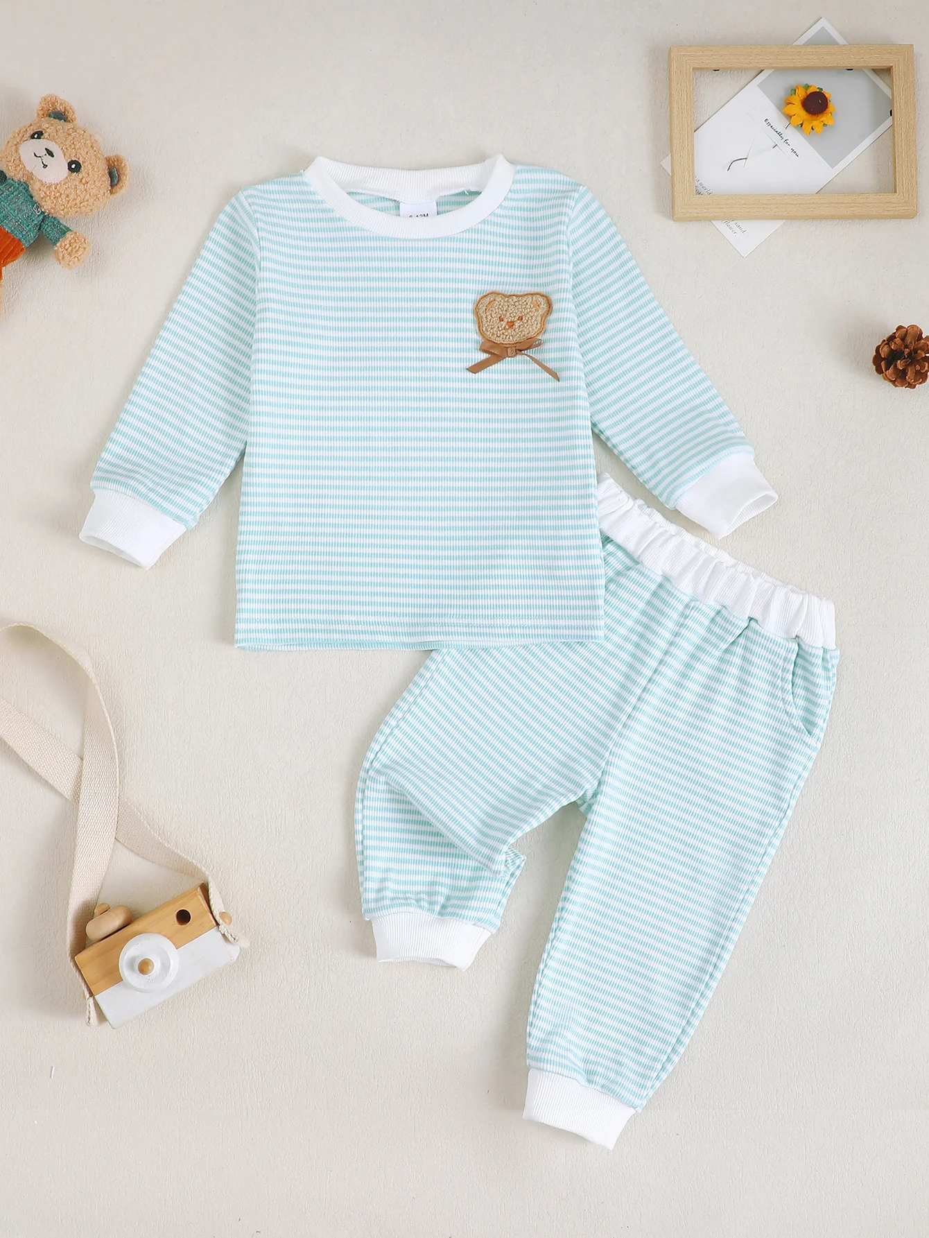 Baby-Jungen-Set für Frühling und Herbst mit Bärenmuster, Rundhalsausschnitt, langen Ärmeln und langen Hosen, Babykleidung, Kleinkind-Outfit – Detail 9