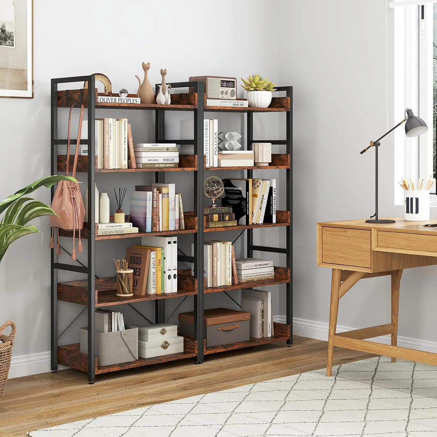 5-Tier Bookshelf Set Of 2 With 4 Hooks, Industrial Bookcase, Freestanding Shelf With Anti-Tip Device & Adjustable , Customized