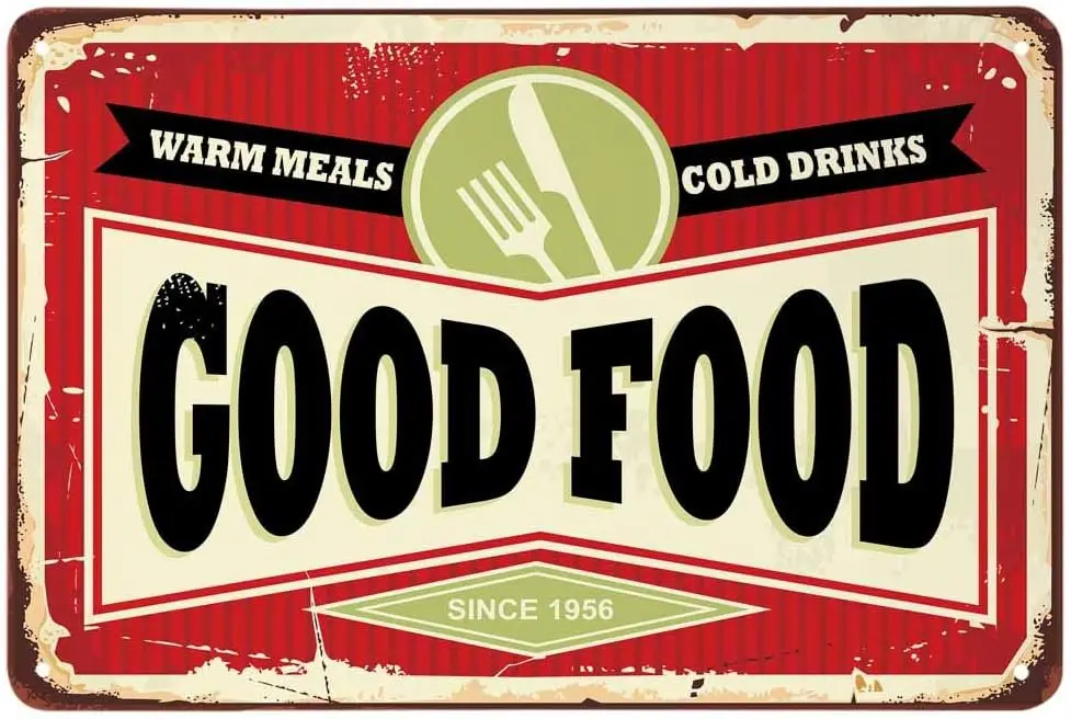 AOYEGO Good Food Poster Tin Sign,Warm Meals Cold Drinks Here Vintage Metal Tin Signs for Cafes Bars Pubs Shop Wall Decorative Fu