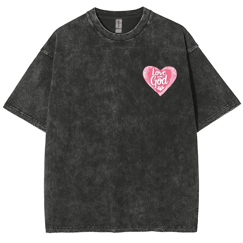 

Love God Pink Heart Print Women's T-Shirt Washed Denim Fabric Oversized Unisex Half Sleeve Sweetheart Girl Black Pink Top Y2K