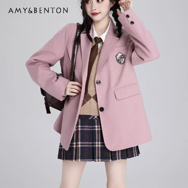 

2024 New Autumn Sweet and Cute Suit Collar College Style Pink Casual Blazers Jacket For Women