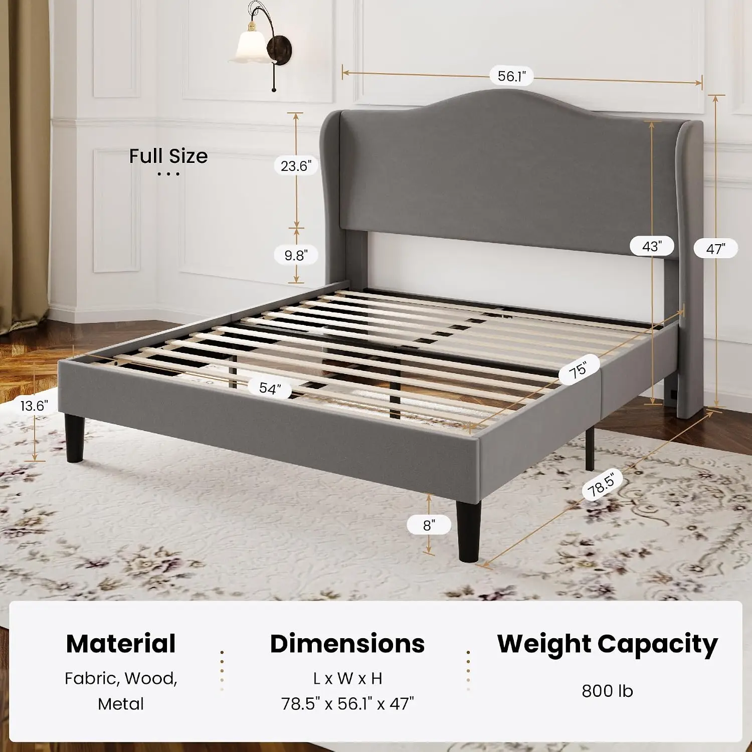 Queen Frame with Curved Wingback Headboard, Soft Grey | Modern Luxury Design Velvet Platform Bed with, Customized