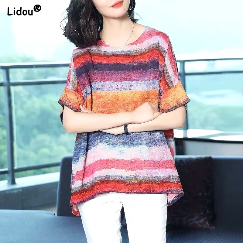 Oversized Loose Women's Clothing Printing Fashion Casual Round Neck Pullovers Short Sleeve T-Shirts Spring Summer Thin Rainbow