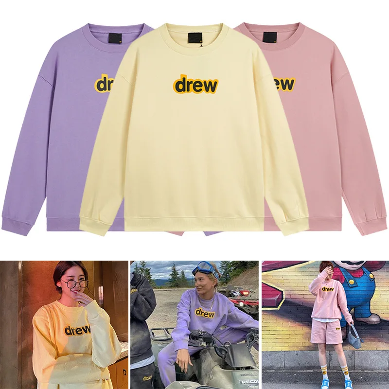 

Drew House Premium Quality Letter Print Crew Neck Sweatshirt in Cream Yellow Trendy High-Street Oversized Unisex Top
