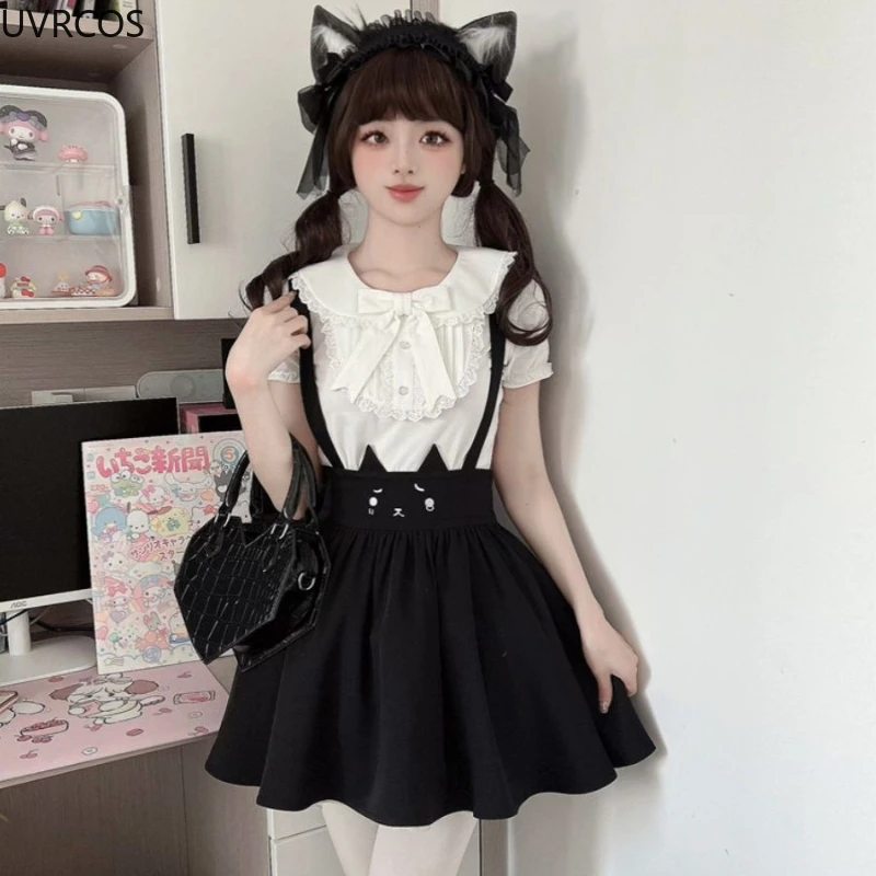 Ensemble de jupe Sweet Lolita pour femme, col claudine Kawaii, t-shirt à nœud, sangle imprimée chat, mini jupes gothiques pour femme, trempée Lolita, Y2K