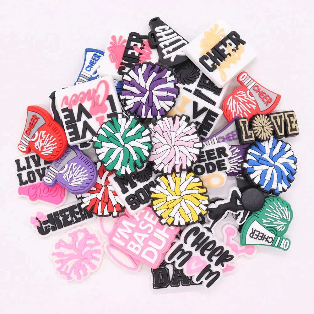 Sell Retail 1pcs PVC Shoe Charms Pink Cheer Cheerleading English Slogan Accessories Shoes Buckles For Kids Party Present