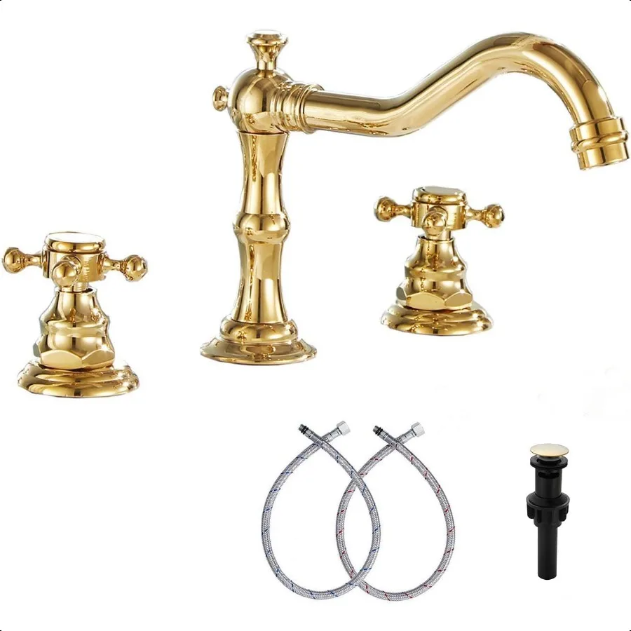 

816 inch Two Handles 3 Holes Widespread Bathroom Sink Faucet Gold Basin Mixer Tap Faucet Matching Metal Pop Up Drain with Overf