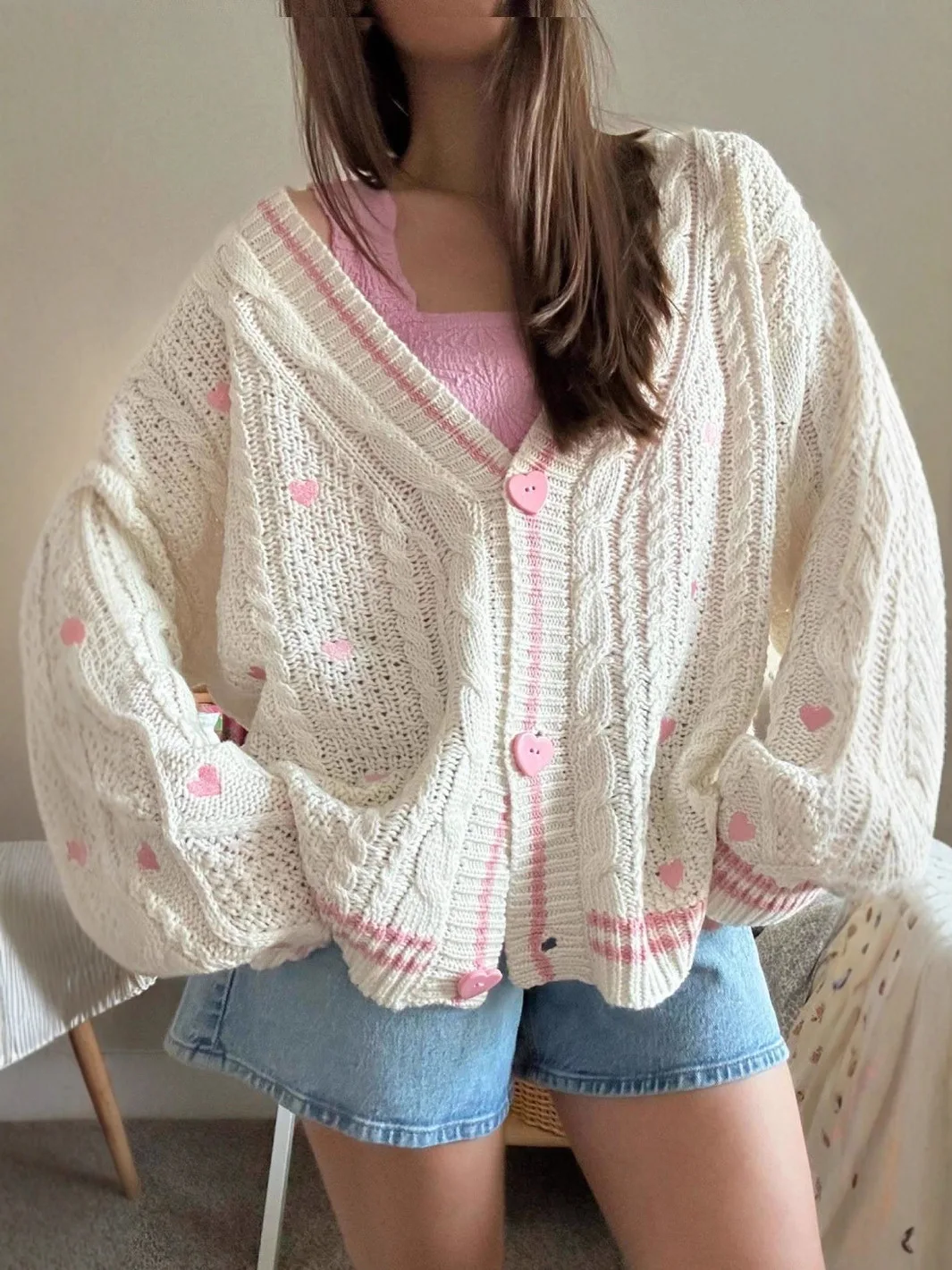 

JHJN women Loose Fans-made Un official V-neck Contrasting Edge Love Sweater Knitted Fried Dough Twists Cardigan Versatile Wool