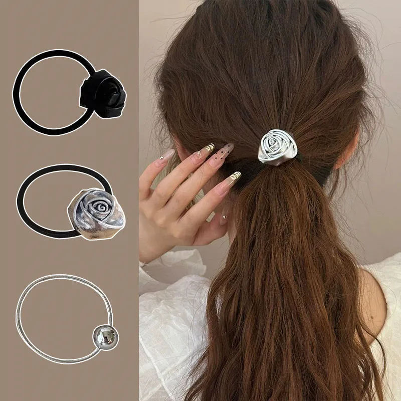 Fashion Silvery Three-Dimensional Leather Rose Flower Hair Band Tied-Up Hair Ponytail Rubber Headband Head Rope Hair Accessories