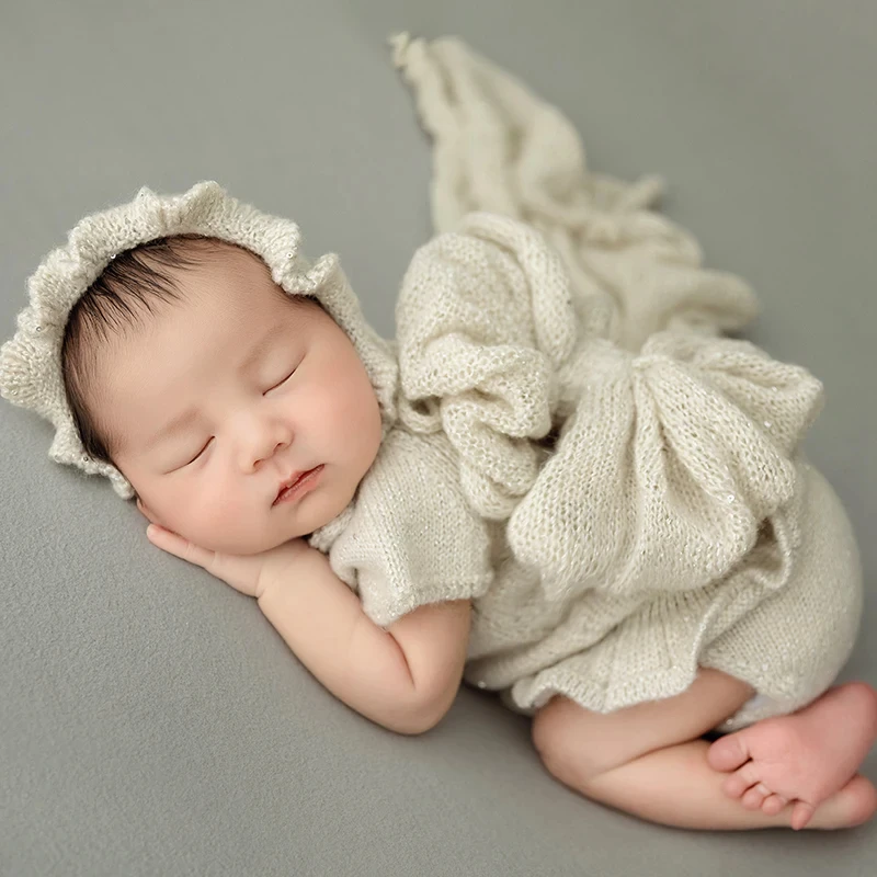 Accesorios para fotos de bebé, conjunto de vestido de punto para niña, Diadema con lazo suave, tela elástica, accesorios de fotografía para recién