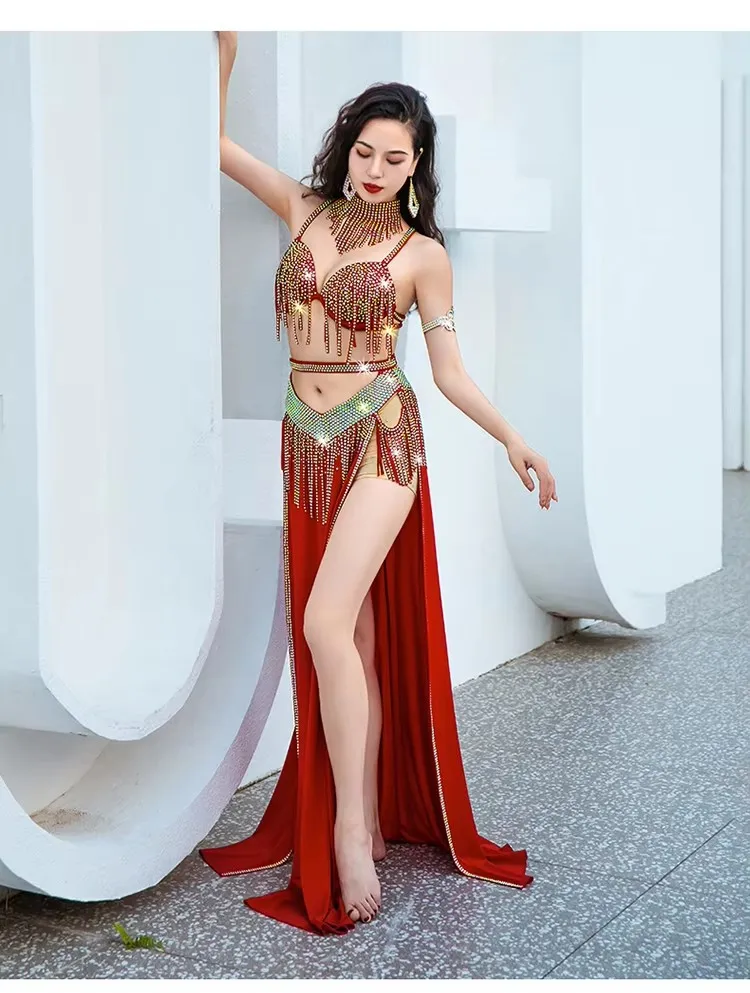 Egyptian Belly Dance Costume Set Rhinestone Sparkle Bra Belt Skirt