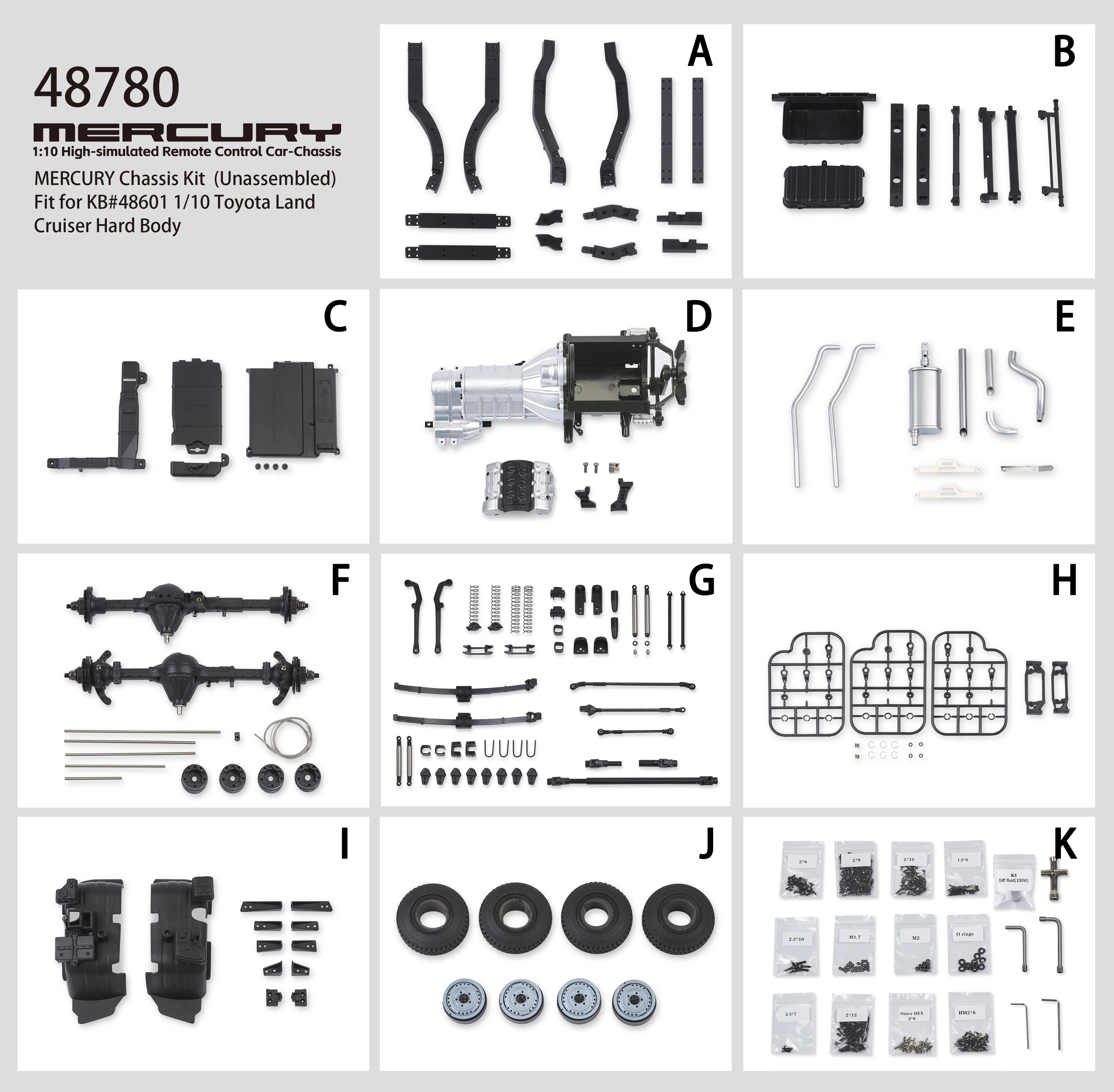 Killerbody MERCURY Chassis Kit （Pre- assembled F/R axle and gearbox）Fit for 1/10 Toyota Land Cruiser 70 Hard Body