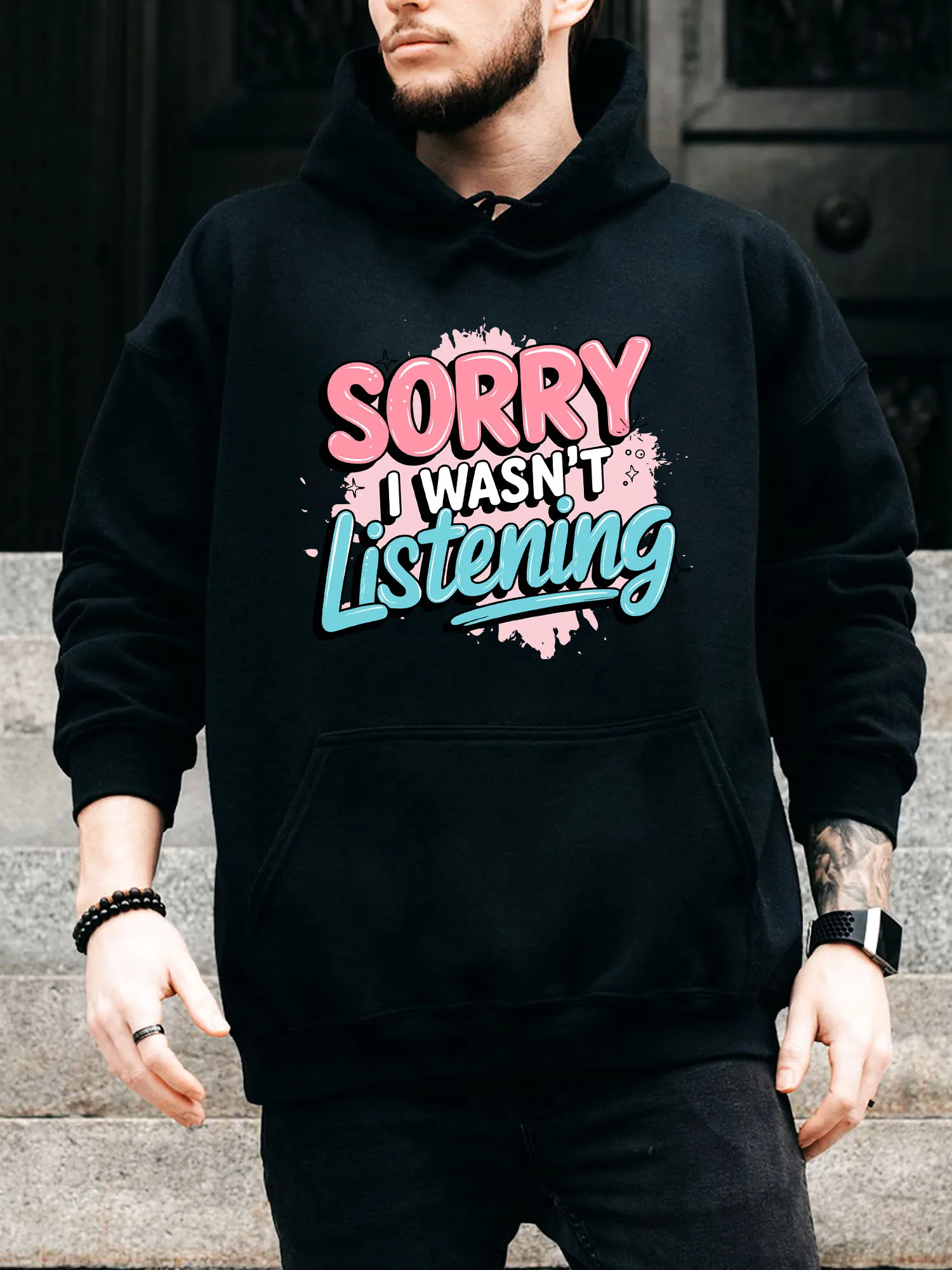

Мужская толстовка с капюшоном на шнурке «Извините, я не слушаю» — повседневный удобный черный пуловер, осенне-зимняя толстовка с капюшоном