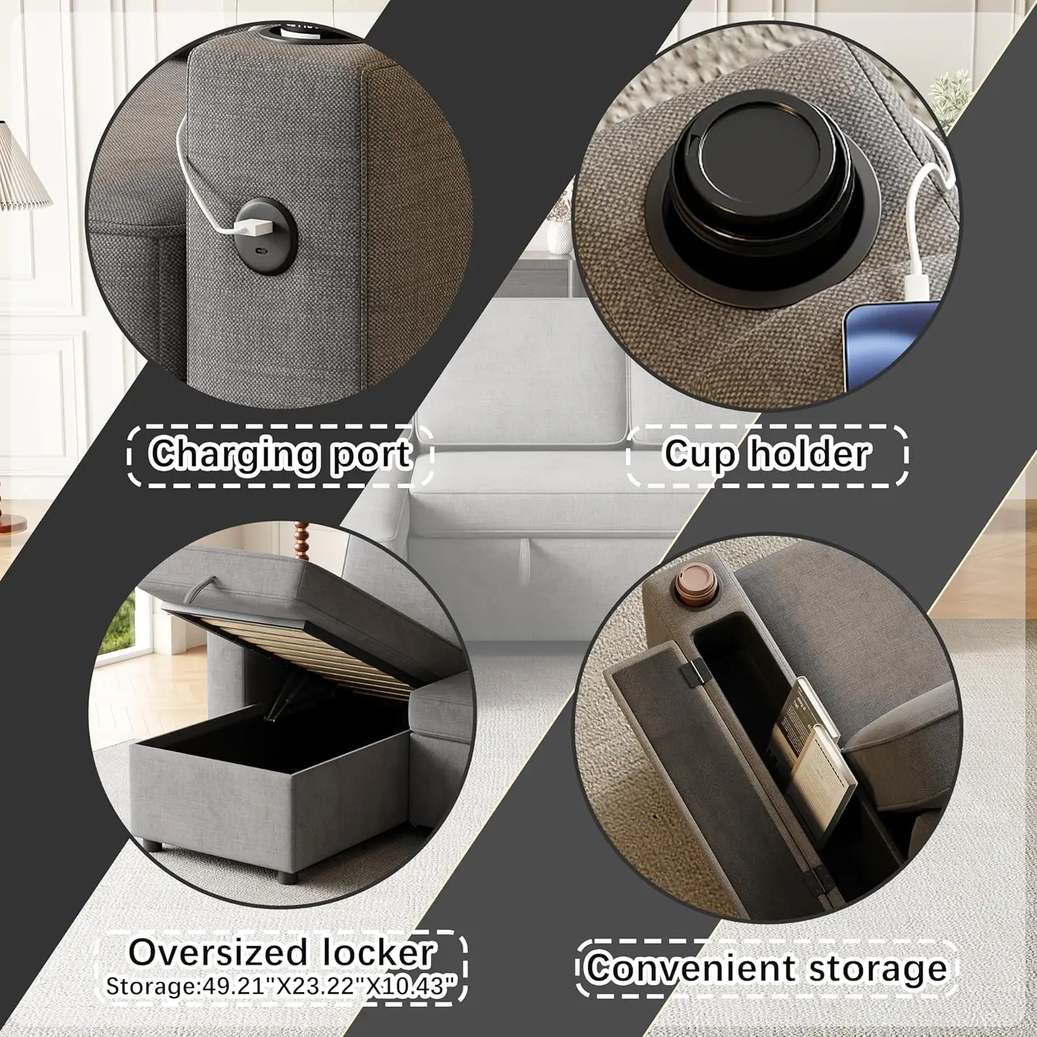 86"" Sleeper Sofa, L-Shaped Sectional Sofa Bed With Storage Chaise, Usb Charging Ports And Cup Holders, Reversible 2 In 1 Pull