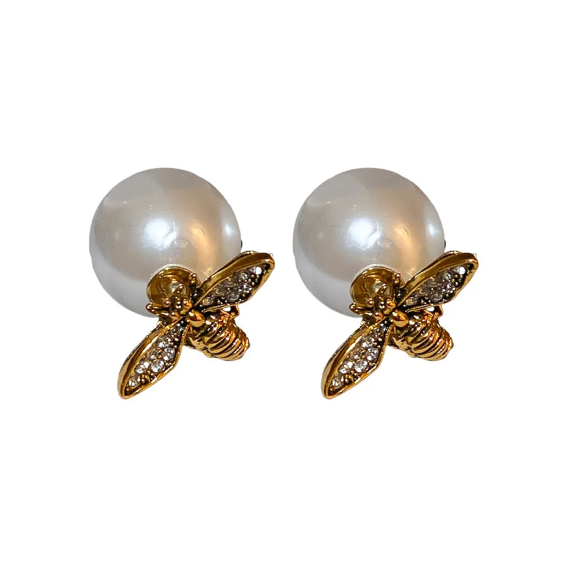 New Arrival  Stud Earrings Fashion Animal Metal Women Trendy Bees Pearl Double-sided Two-wear Earrings Light Luxury Jewelry