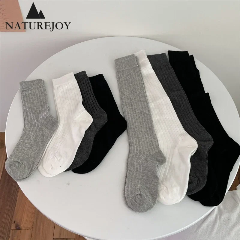 Black White Socks Women Minimalism Style Costumn Cotton Solid Color Korean Stocking Ins Y2k Japanese Fashion Knee-high Socks