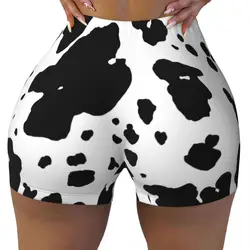 Pantaloncini da allenamento da corsa da motociclista con motivo a mucca in bianco e nero in pelle bovina personalizzata per le donne pantaloncini da Yoga atletici da palestra con trama in pelle di animale