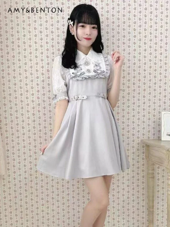 

Japanese RJ Sweet Rhinestone Lapel Short Sleeve Lolita Dress Summer Mine Series Mass-Produced Cute Heart Buckle Sli A-line Dress