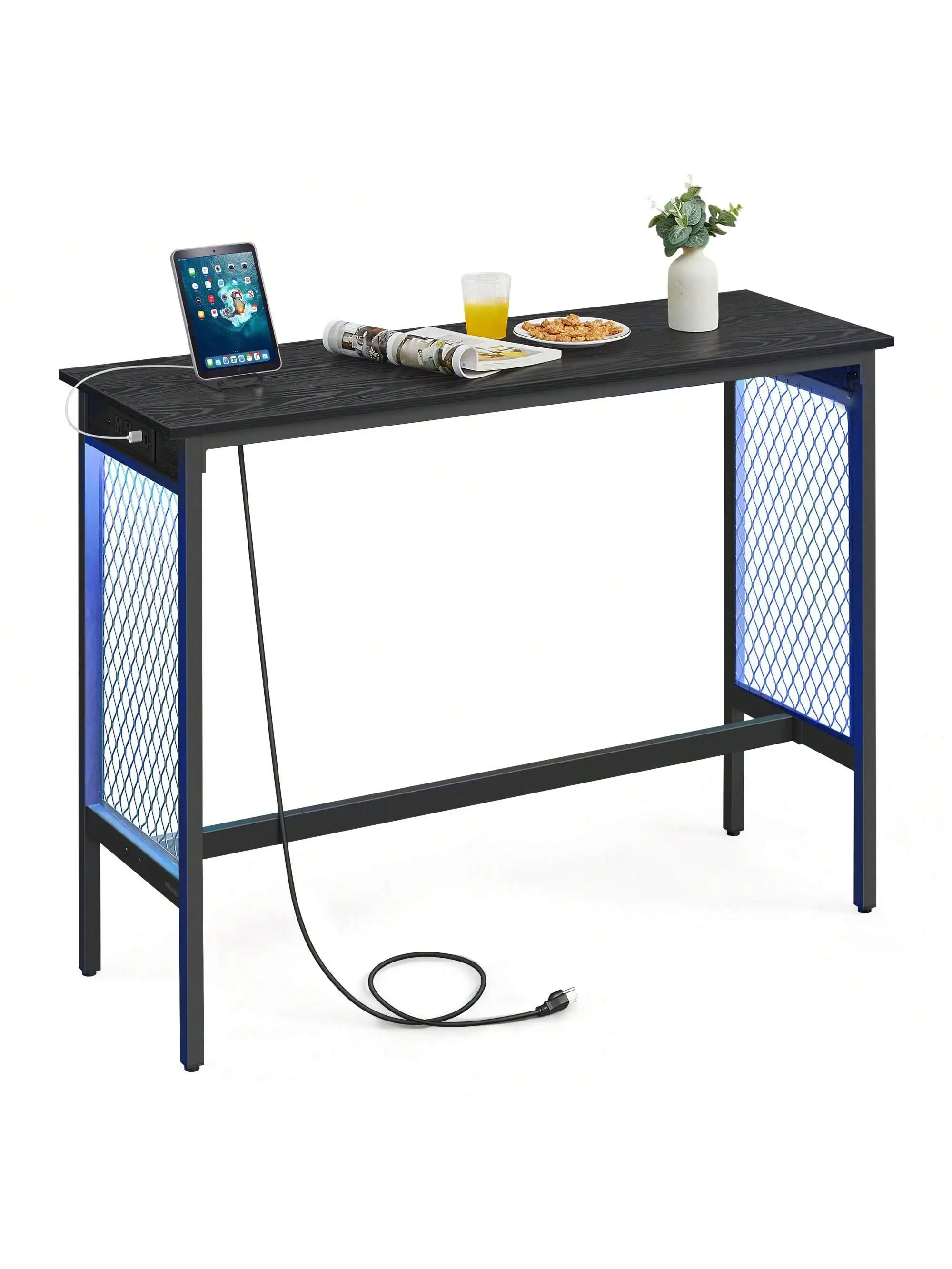 VASAGLE Bar Table, 47.2 Narrow Long Bar Table, Cocktail Tall Table With LED Lights, Built-In Power Outlets, Mesh Panels, Hig