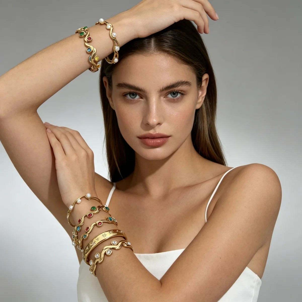Vintage-Armreifen aus Edelstahl mit simulierten Perlen und Wellenmuster für Damen und Herren, bunter Zirkon-Stern, Liebesherz, gedrehter Armreif, Schmuck – Detail 8