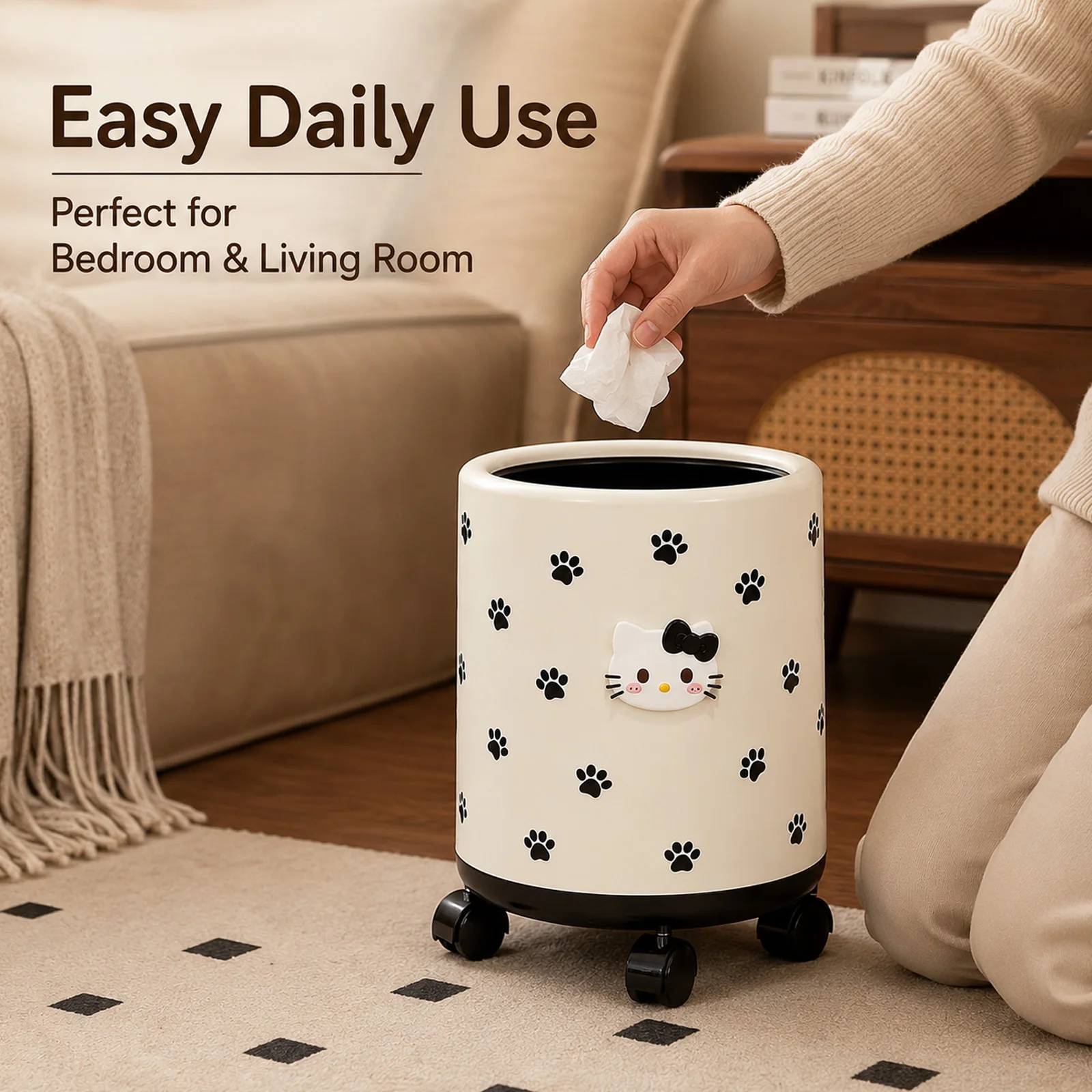 Sanrio Hello Kitty Rolling Trash Can with 360 Universal Wheels Large Capacity Household Waste Bin with Free DIY Stickers view 5