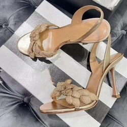 2024 Summer New High Heels Sexy Open Toe Gold Flower Thin Heel Hollow One Line with Water Diamond Flower Sandals