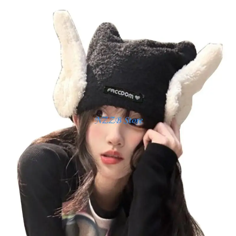 T21F أفخم الملاك الجناح الجمجمة قبعة الأذن قبعة واقية قبعة عالمية المرأة قبعة الشتاء